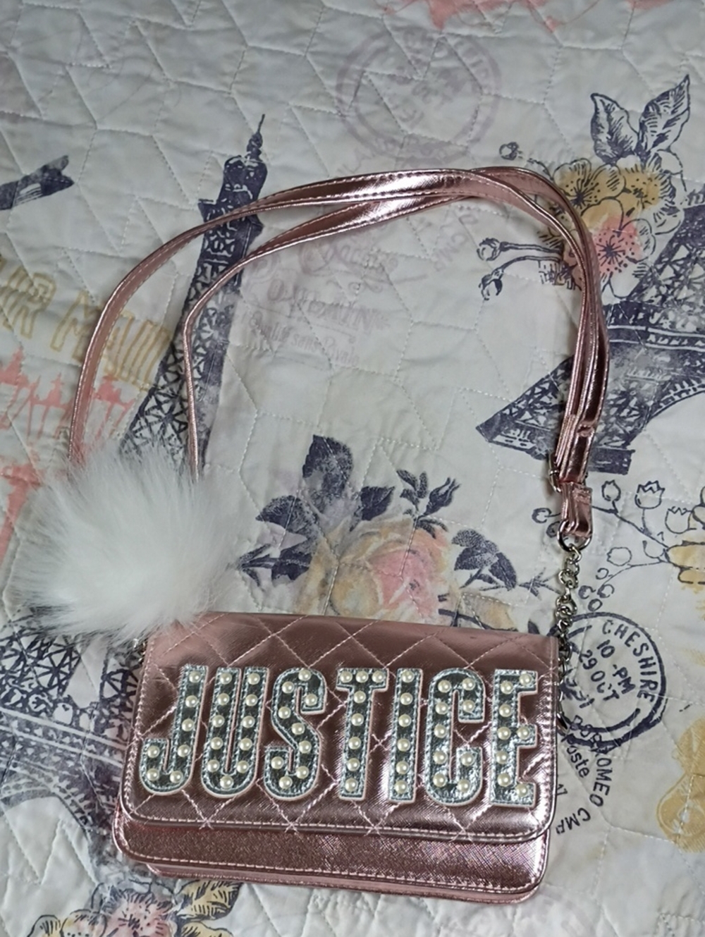 Justice Rose Metallic Quilted Crossbody with Pom Pom